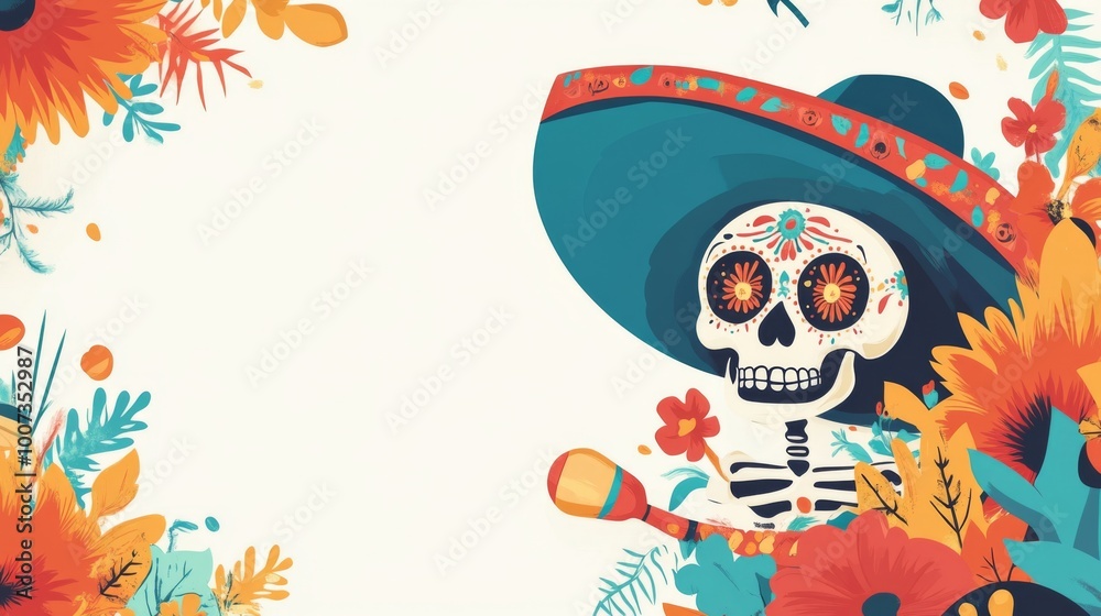 Dia de los muertos greeting card festive design vector illustration. Mexican day of dead banner with skull in sombrero and maracas with floral composition flat style concept Dia de los muertos greeting card festive design vector illustration. Mexican day of dead banner with skull in sombrero and maracas with floral composition flat style concept