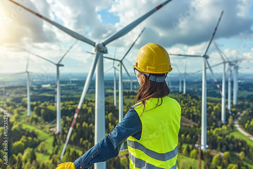 A worker in a reflective vest and hard hat stands on a hilltop, gazing at numerous wind turbines. The landscape is green and expansive, with a bright sky and scattered clouds above. photo