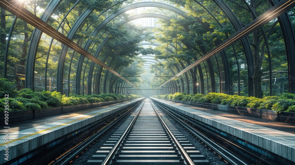 Futuristic train station with glass arches and lush greenery, sunlight streaming through trees.
Futuristic train station with glass arches and lush greenery, sunlight streaming through trees.