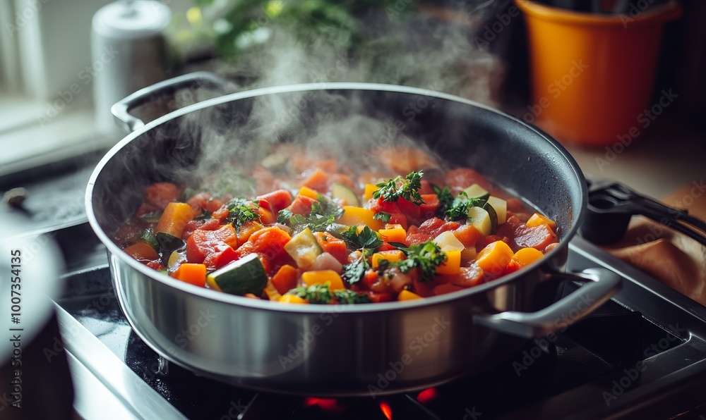 Cooking vegetable stew with spices in a pot Cooking vegetable stew with spices in a pot