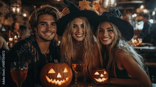 Three friends dressed in Halloween costumes smile at the camera while surrounded by carved pumpkins and glowing candles celebrating together in a festive atmosphere.