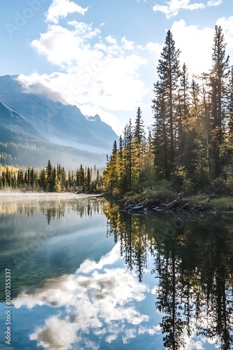 Tranquil mountain lake reflecting blue sky and clouds. Scenic landscape with evergreen trees, and majestic peaks