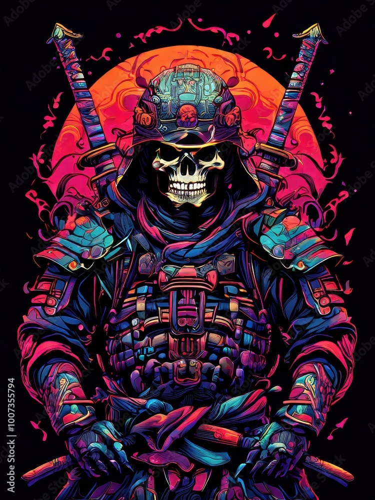 A vibrant illustration of a skeletal samurai in ornate armor against a colorful backdrop.