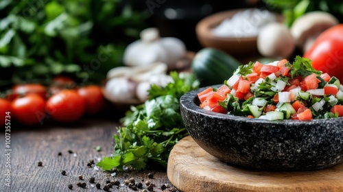 Freshly prepared vegetable salad with diced tomatoes, cucumbers, onions, and cilantro, beautifully arranged in a dark stone bowl, surrounded by pickles and herbs.