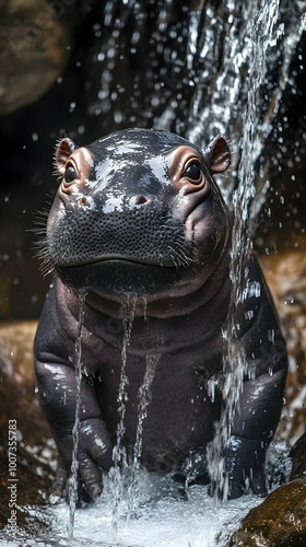 Cute Baby Pygmy Hippopotamus Standing Under Waterfall. photo