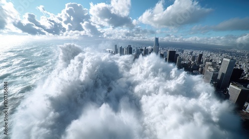 A gigantic wave towers above a city skyline, engulfing buildings in a dramatic demonstration of nature's immense power over urban environments.