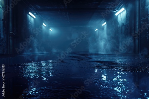 Dark urban landscape with neon lights and reflections in water.