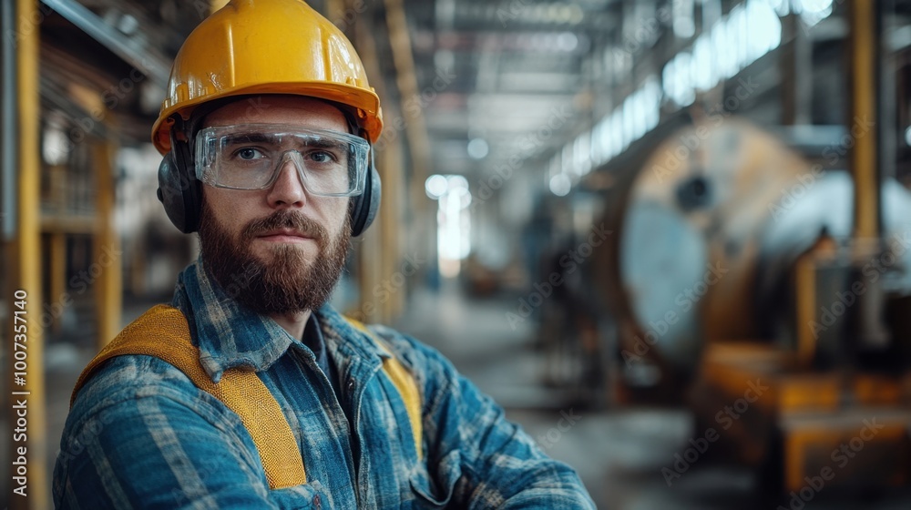 Worker in safety gear at industrial site Worker in safety gear at industrial site
