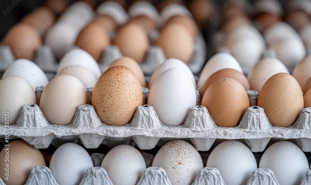 Stacks of egg cartons with white and brown eggs Stacks of egg cartons with white and brown eggs