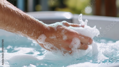 Two hands actively washing with soap creating frothy bubbles in clear water, captured in an outdoor setting, epitomizing cleanliness and freshness. photo