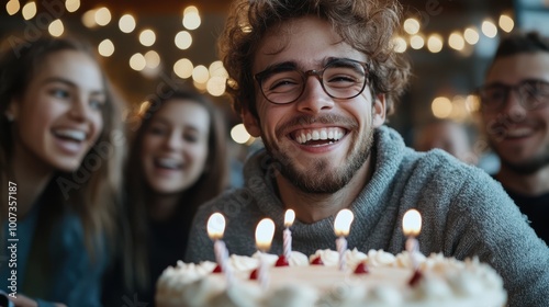 A young man with glasses shares a warm, joyful moment with friends around a cake adorned with lit candles, highlighted by a backdrop of sparkling lights.