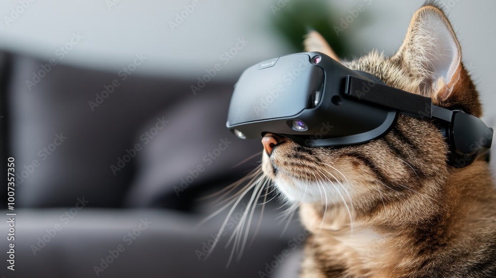 A tabby cat wearing a VR headset, immersed in a virtual environment ...