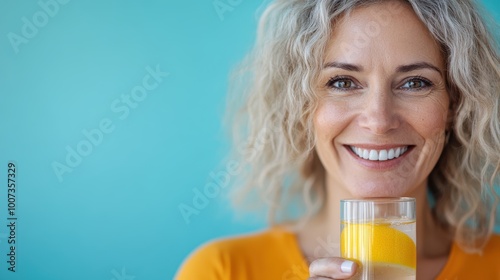 A woman with a bright smile clutching a lemon drink, catching the moment of cheer and freshness in a serene and colorful backdrop.