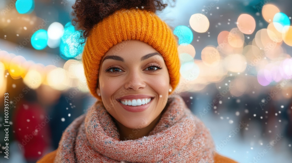 A vibrant, close-up image of a woman with a knit hat, smiling brightly. Snowflakes drift by, illuminating the scene with a warm, festive glow in winter. A vibrant, close-up image of a woman with a knit hat, smiling brightly. Snowflakes drift by, illuminating the scene with a warm, festive glow in winter.