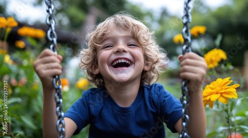 Fototapeta Naklejka Na Ścianę i Meble -  A joyful child with curly blonde hair laughs heartily while swinging, surrounded by bright yellow flowers in a verdant garden, embodying pure happiness and playfulness.