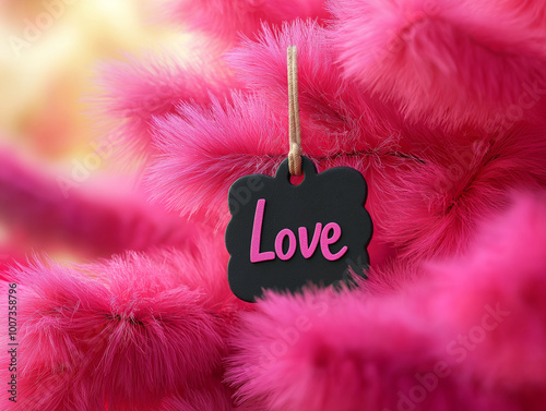 Celebrate the season of love with a close-up of a pink Christmas tree adorned with a heartfelt "love" ornament