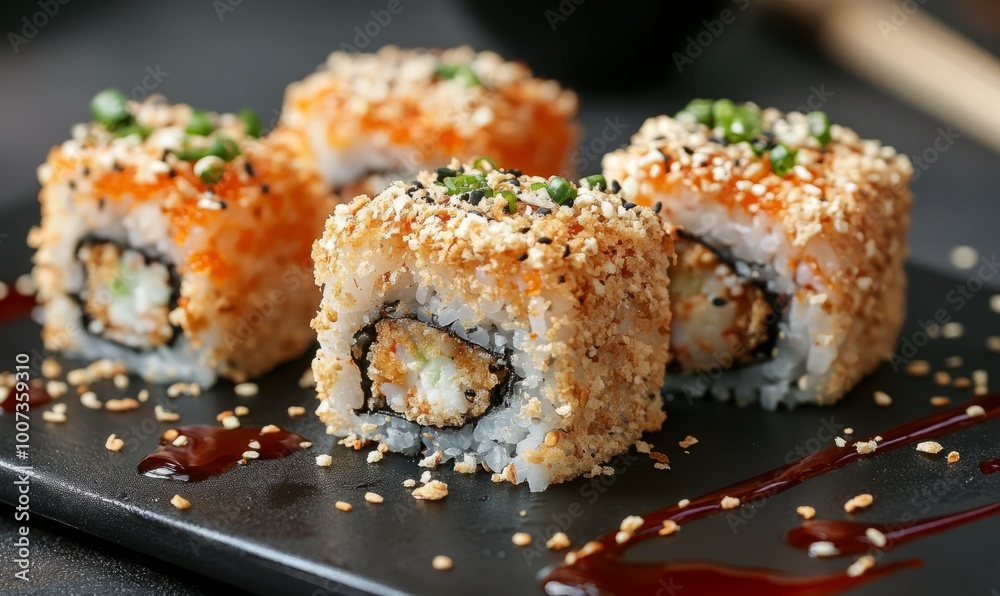 Three delicious sushi rolls covered with panko breadcrumbs and sprinkled with sauce Three delicious sushi rolls covered with panko breadcrumbs and sprinkled with sauce