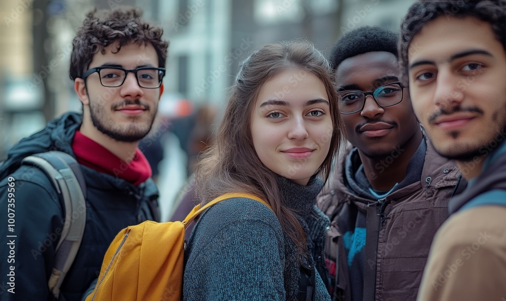 Portrait of a group of students looking at the camera on the street of the university campus, who study together Portrait of a group of students looking at the camera on the street of the university campus, who study together