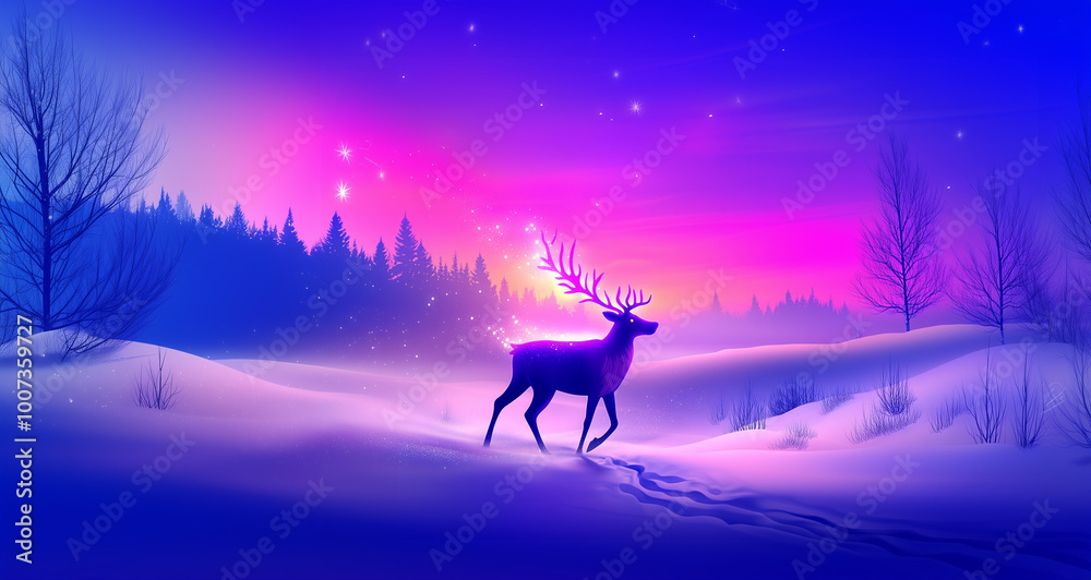 Reindeer with glowing antlers in a snowy forest, perfect for magical holiday scenes Reindeer with glowing antlers in a snowy forest, perfect for magical holiday scenes
