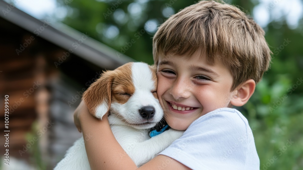 A young boy in white shirt, beaming with happiness, warmly hugs an adorable sleeping puppy outdoors against a blurred natural background, showing pure joy. A young boy in white shirt, beaming with happiness, warmly hugs an adorable sleeping puppy outdoors against a blurred natural background, showing pure joy.