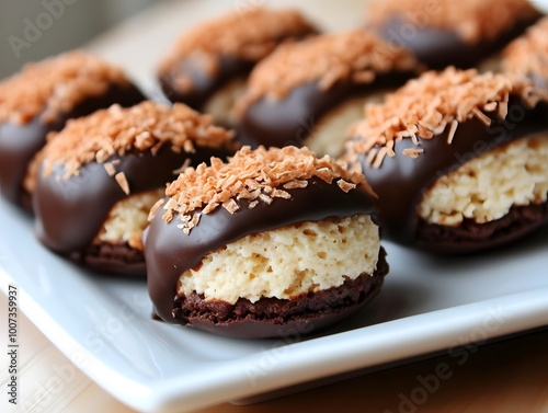 Many chocolate-dipped macaroons