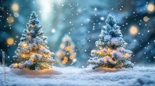 A beautiful snowy landscape with small Christmas trees covered in snow, illuminated by warm lights. The background is blurred and filled with soft blue tones