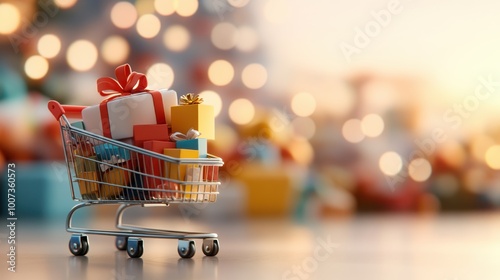 A full shopping cart loaded with vibrant and colorful gift boxes, symbolizing the excitement and abundance of holiday shopping against a festive blur background.