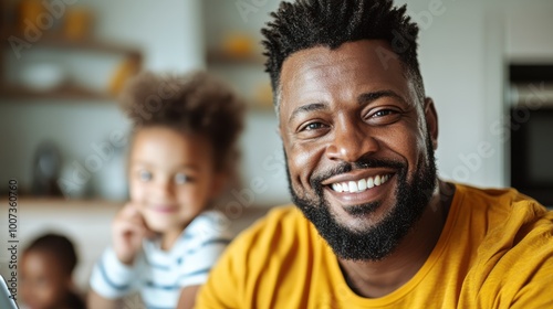 A joyful father dressed in a yellow shirt is smiling warmly at the camera with his child in the background, capturing a heartfelt family moment indoors.