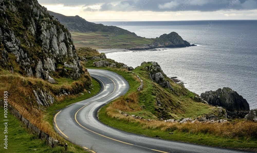 Road bends along the coastal cliffs with the sea on the horizon Road bends along the coastal cliffs with the sea on the horizon