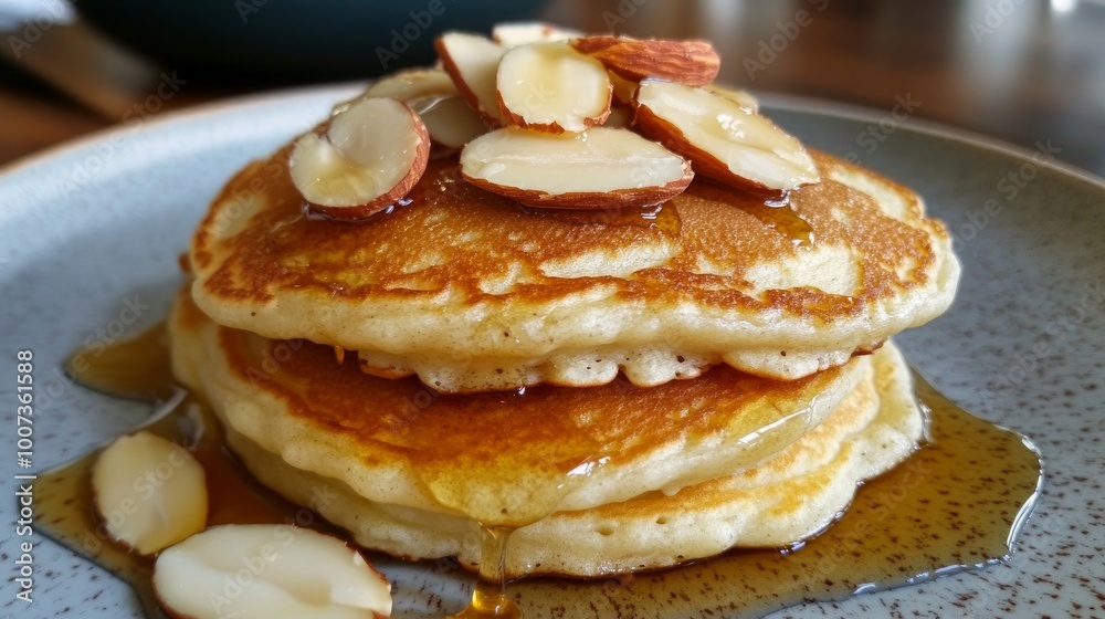 Almond Pancakes: Artfully organized to highlight the nutritious, nutty flavor of the almonds, these pancakes are light and fluffy and topped with almond slices and syrup.
