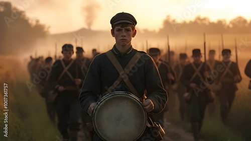 A Civil War drummer boy, dressed in a simple uniform and cap, beating his drum as the Union troops march forward into battle on a foggy morning. Civil War drummer boy leading the troops.


 photo