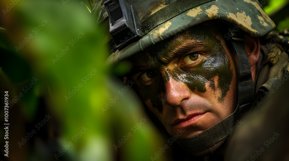 A Green Beret from the Vietnam War, dressed in special forces gear and camouflaged face paint, leading a small team through the thick jungle on a covert mission. Green Beret leading a mission in Vietn A Green Beret from the Vietnam War, dressed in special forces gear and camouflaged face paint, leading a small team through the thick jungle on a covert mission. Green Beret leading a mission in Vietn
