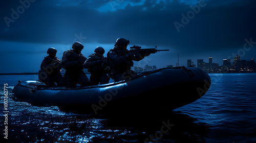 A modern U.S. Navy SEAL team, fully geared in tactical combat suits, stealthily exiting a black inflatable boat at night, with the silhouette of a distant city skyline in the background. Navy SEAL tea