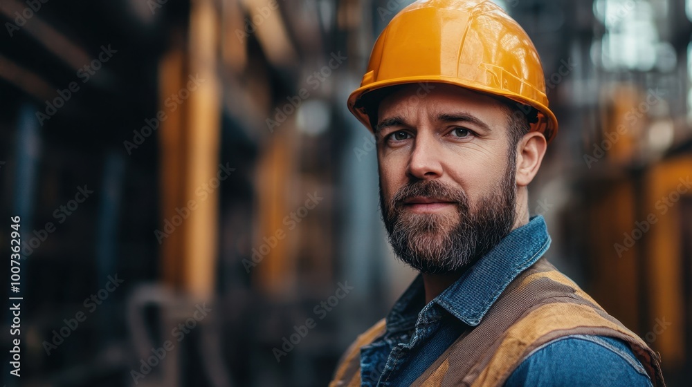 Construction worker poses in safety gear at site