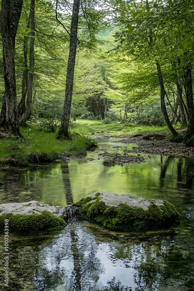 Tranquil forest stream with lush greenery and mossy rocks, nature scene Tranquil forest stream with lush greenery and mossy rocks, nature scene