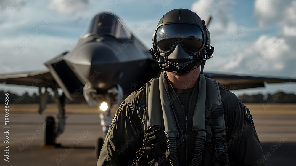 A U.S. Air Force pilot from the Cold War, wearing a flight suit and helmet, standing next to a stealth bomber on the tarmac, ready for a reconnaissance mission. Cold War pilot next to a stealth bomber A U.S. Air Force pilot from the Cold War, wearing a flight suit and helmet, standing next to a stealth bomber on the tarmac, ready for a reconnaissance mission. Cold War pilot next to a stealth bomber