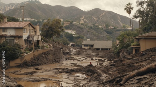 A neighborhood is covered in mud after a mudslide, with houses and trees damaged. The aftermath of the natural disaster is devastating.