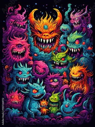 A vibrant illustration of colorful, whimsical monsters with exaggerated features and expressions.