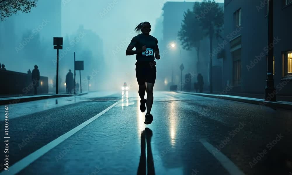 Runner in Foggy City Street at Night Runner in Foggy City Street at Night