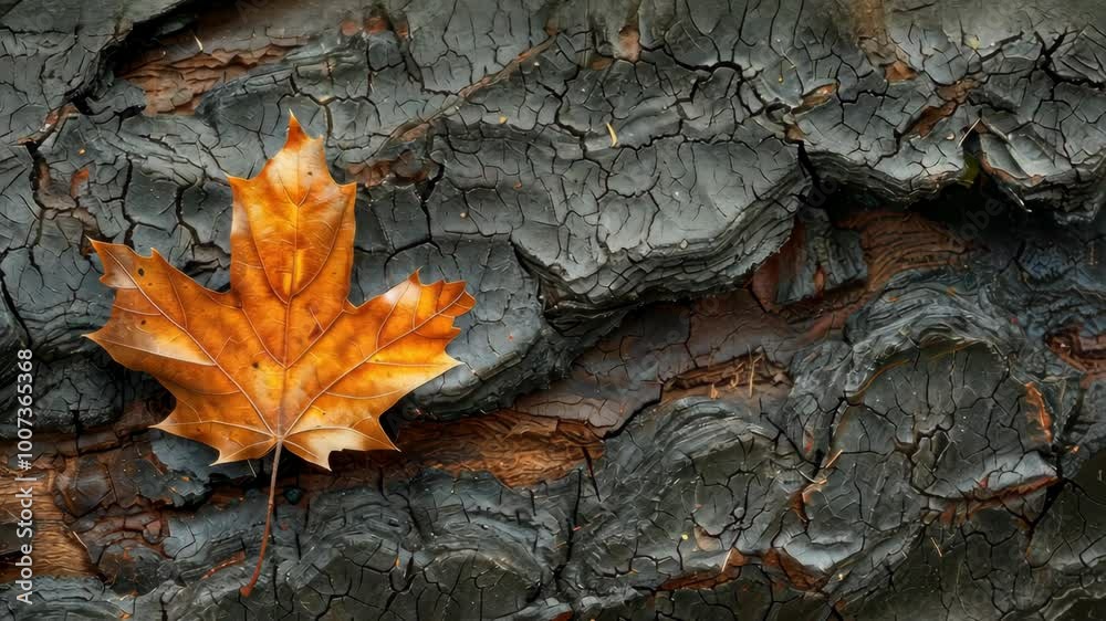 A single, brown leaf rests on charred bark, a stark contrast against the black and gray texture A single, brown leaf rests on charred bark, a stark contrast against the black and gray texture