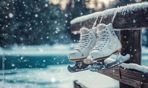 Snowflakes settling on a pair of ice skates hanging from a wooden fence, with a frozen lake shimmering in the background photo