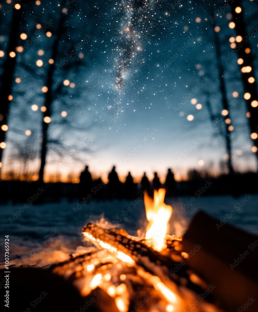 A cozy winter scene of people gathered around a bonfire in a snowy park with twinkling fairy lights in the trees and a starry sky above Perfect for seasonal greeting cards event posters and festive ne A cozy winter scene of people gathered around a bonfire in a snowy park with twinkling fairy lights in the trees and a starry sky above Perfect for seasonal greeting cards event posters and festive ne