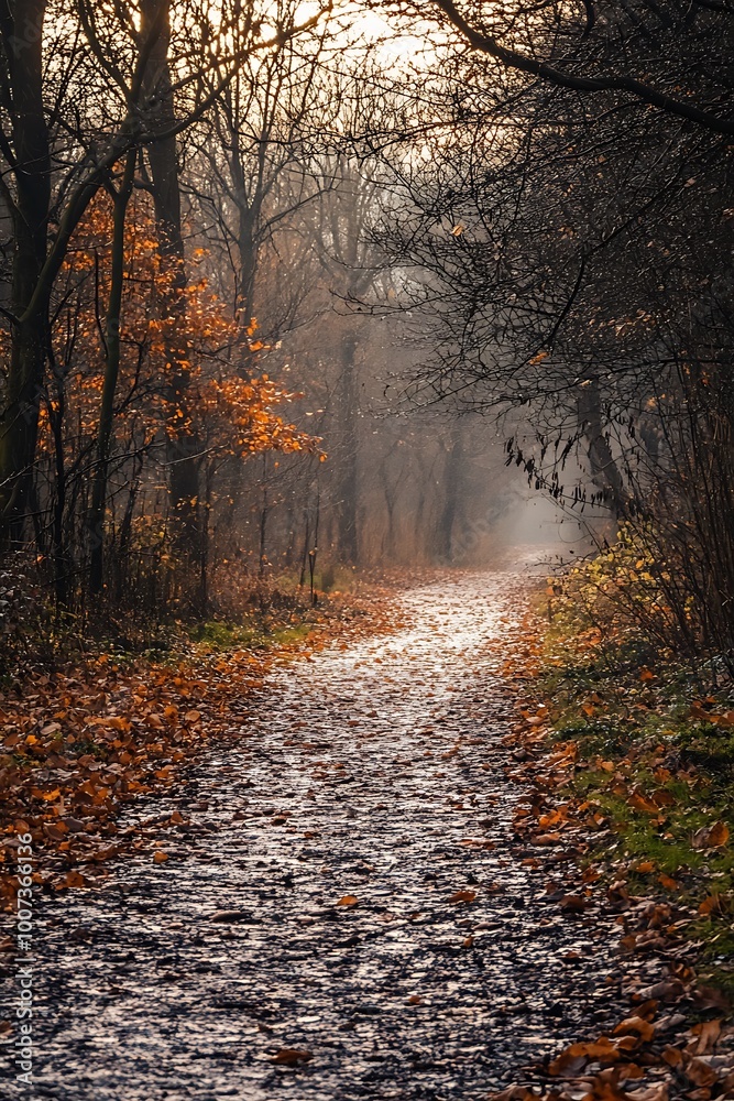 Obraz premium Misty forest path with fallen leaves. Autumn landscape with sunlight and shadows in a woodland