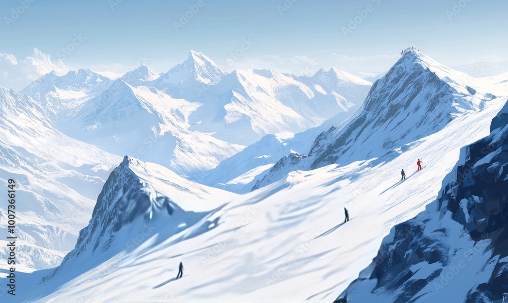 Obraz premium Snowy mountains under a clear sky with skiers enjoying the slopes
