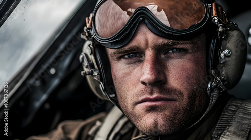 A U.S. Navy fighter pilot from World War II, wearing a leather flight helmet and goggles, sitting in the cockpit of a fighter plane, ready to launch into battle. Navy fighter pilot ready for takeoff.
 photo