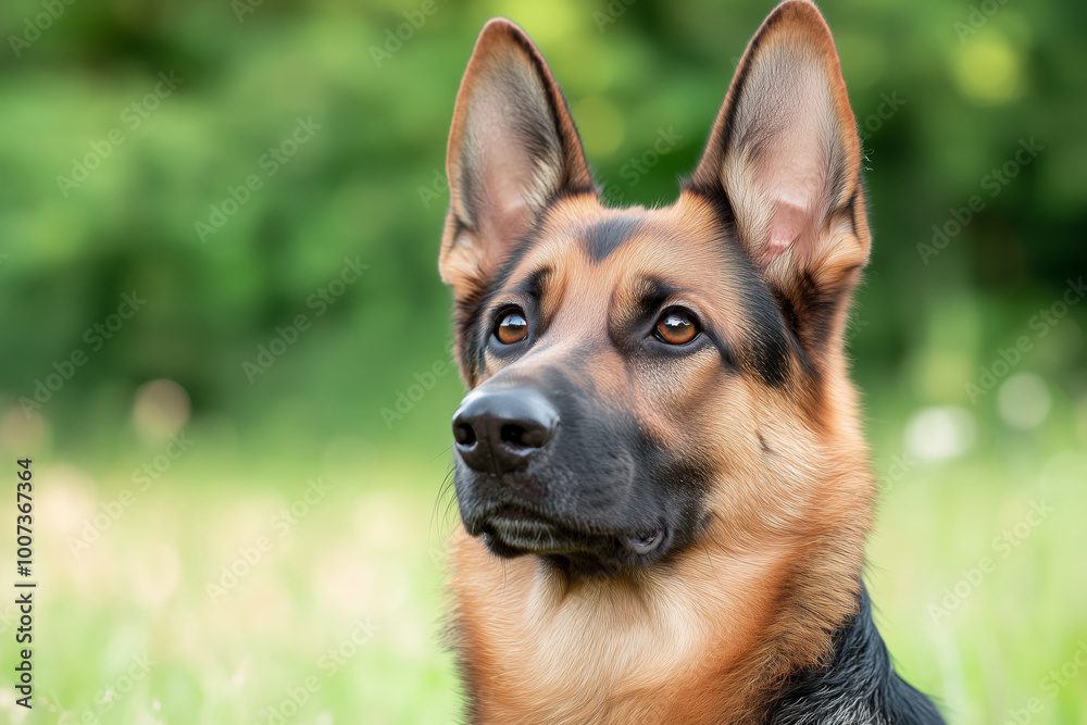 German Shepherd dog attentively looking ahead while standing outdoors in a grassy, green environment German Shepherd dog attentively looking ahead while standing outdoors in a grassy, green environment