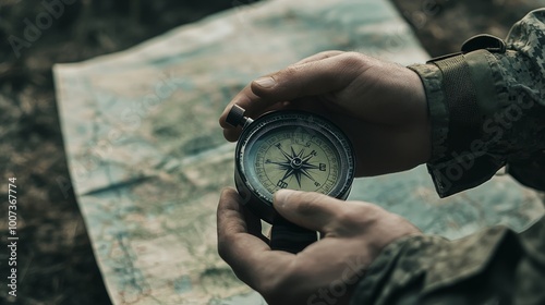 Using a military map and compass. Military, outdoor, and survival themes photo