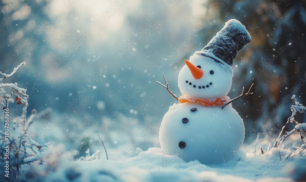 Obraz premium A Snowman with a Carrot Nose in a Snowy Forest