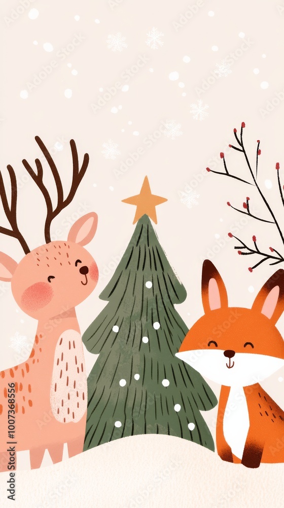 Handdrawn illustration of woodland animals including a deer rabbit and fox gathering around a Christmas tree in a snowy forest Perfect for holiday cards and winterthemed prints with a whimsical and jo Handdrawn illustration of woodland animals including a deer rabbit and fox gathering around a Christmas tree in a snowy forest Perfect for holiday cards and winterthemed prints with a whimsical and jo