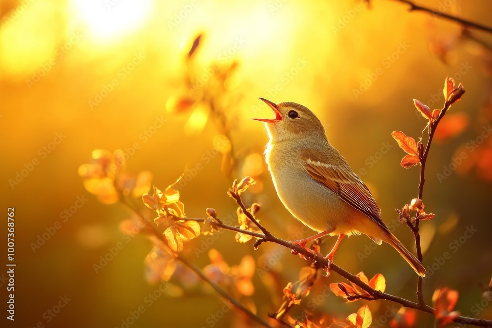 Obraz premium Songbird perched on branch at sunrise in golden light